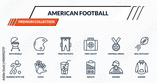 american football icons set - with wheels, helmet, practice pants, glove, hoodie outline vector collection.