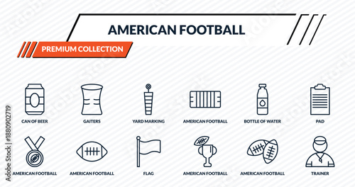 american football icons set - can of beer, gaiters, yard marking, american football ball, trainer outline vector collection.