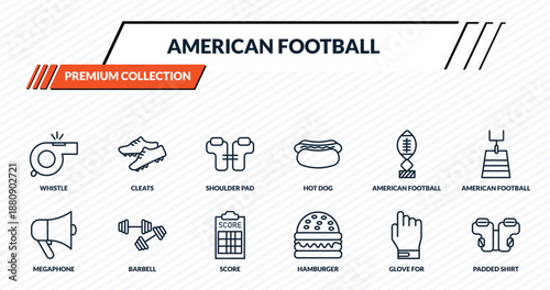 american football icons set - whistle, cleats, shoulder pad, barbell, padded shirt outline vector collection.