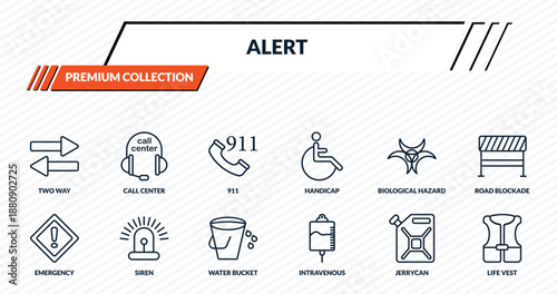 alert icons set - two way, call center, 911, siren, life vest outline vector collection.