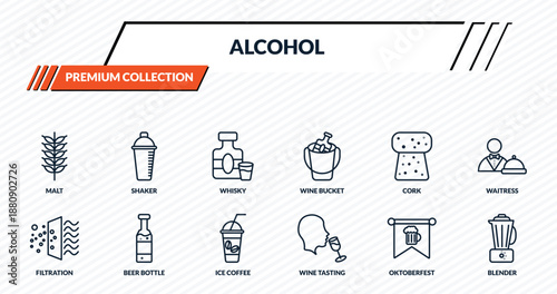alcohol icons set - malt, shaker, whisky, beer bottle, blender outline vector collection.
