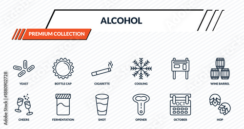 alcohol icons set - yeast, bottle cap, cigarette, fermentation, hop outline vector collection.