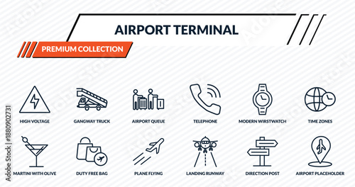 airport terminal icons set - high voltage, gangway truck, airport queue, duty free bag, airport placeholder outline vector collection.