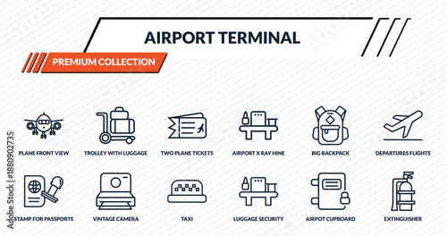 airport terminal icons set - plane front view, trolley with luggage, two plane tickets, vintage camera, extinguisher outline vector collection.