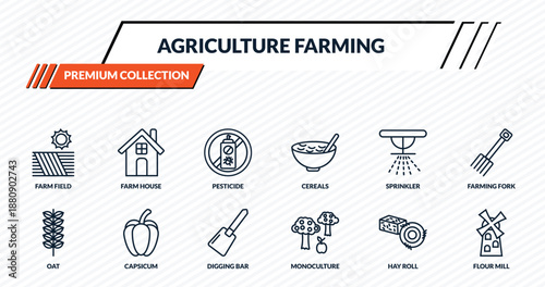 agriculture farming icons set - farm field, farm house, pesticide, capsicum, flour mill outline vector collection.