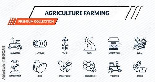 agriculture farming icons set - harvester, hay bale, vane, egg, bread outline vector collection.