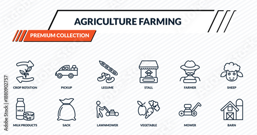 agriculture farming icons set - crop rotation, pickup, legume, sack, barn outline vector collection.