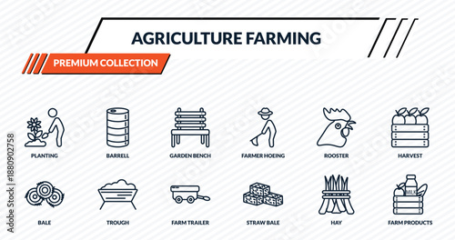 agriculture farming icons set - planting, barrell, garden bench, trough, farm products outline vector collection.