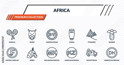 africa icons set - maraca, rhino, tunisian dinar, zebra, moroccan dirham outline vector collection.