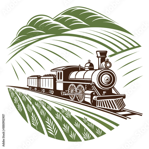 Vintage locomotive moving through terraced countryside