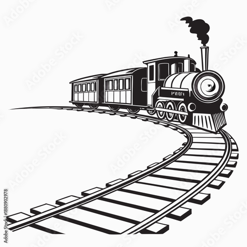 Black and white train on curved railroad tracks steam locomotive