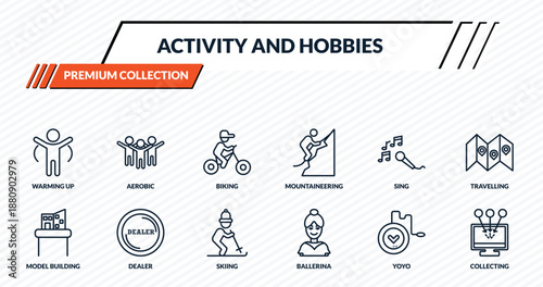 activity and hobbies icons set - warming up, aerobic, biking, dealer, collecting outline vector collection.