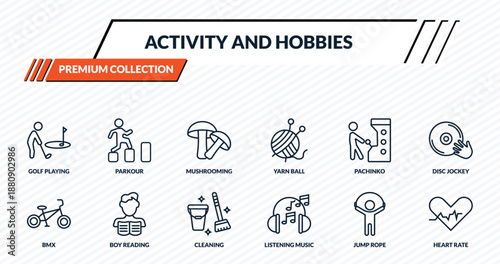 activity and hobbies icons set - golf playing, parkour, mushrooming, boy reading, heart rate outline vector collection.