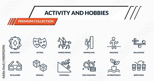 activity and hobbies icons set - baccarat, acting, horse riding, boggle, beer pong outline vector collection.