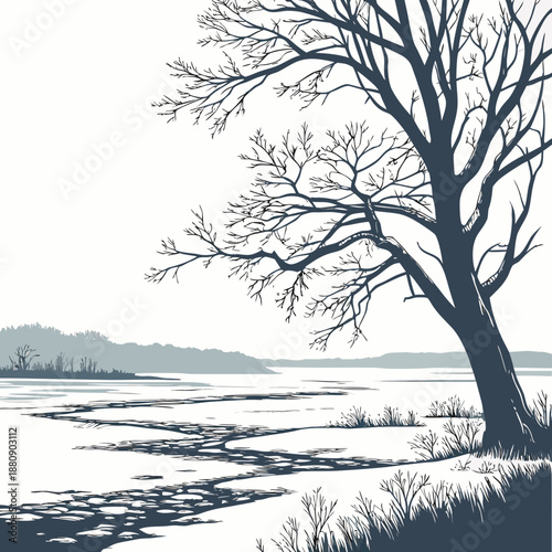Frozen lake with bare tree and soft shadows realistic