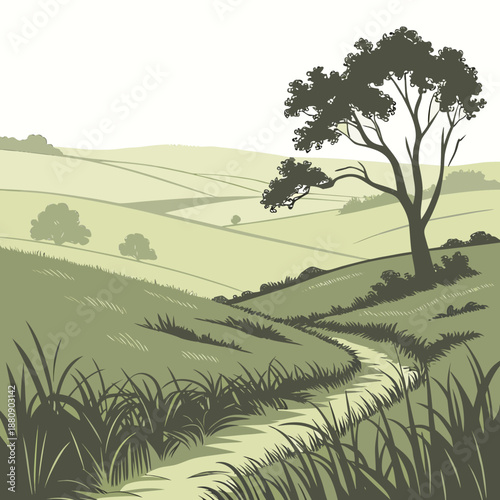 Green hillside with tree and winding path grass