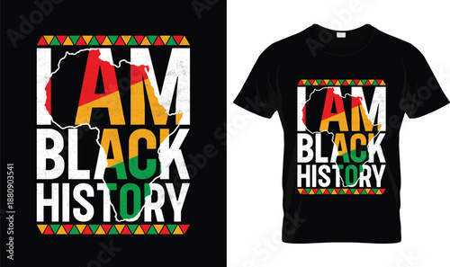 I Am Black History Typography Design with Africa Map in Pan African Colors, Afrocentric Black Pride Artwork for Black History Month, Cultural Identity and African American Heritage