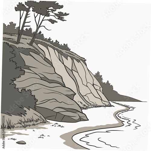 Rocky cliff meets smooth sand beach with trees coastal