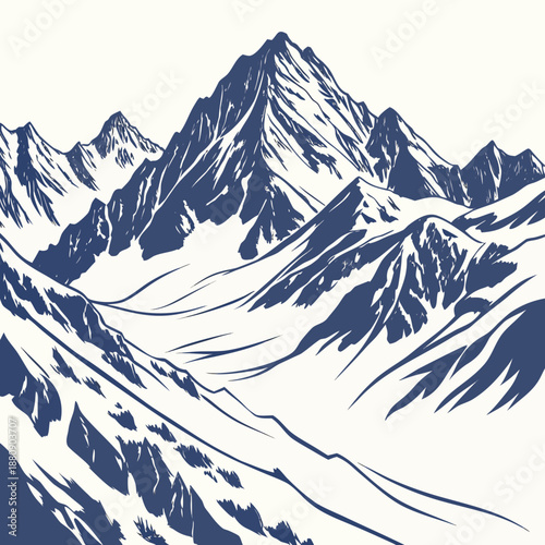 Frozen mountain ridges in blue and white mountain range