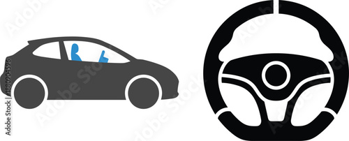 Car safety airbag deployment and steering wheel icon set isolated on white background vector illustration automotive driving concept