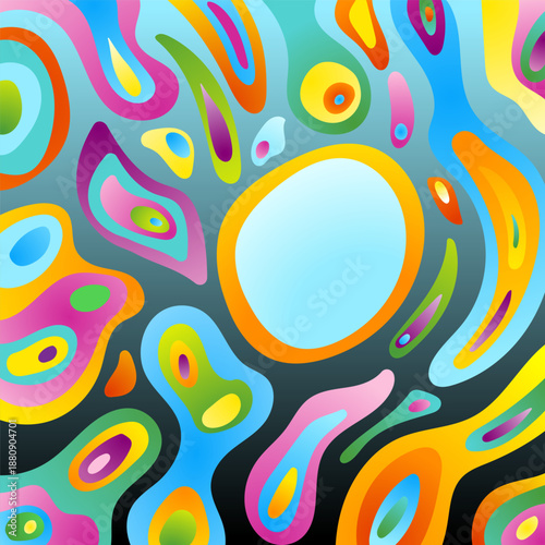 Bunte Vektorgrafik mit fließenden Formen. Freier Platz für Text. Vorlage für Einladungen, Grußkarten, Social Media Posts und Werbung.