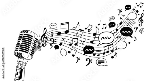 Illustration of a vintage microphone with musical notes and speech bubbles emerging from it on a white background in a flat design style with a mix of black and white tones.