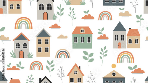 Cute and colorful seamless pattern featuring cartoon houses, small trees, and rainbows in a minimalist scandinavian nursery style.