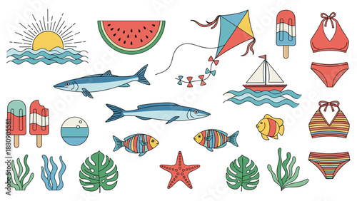 Vibrant collection of summer beach elements including fish, sea life, tropical leaves, and stylish swimwear isolated on white background.