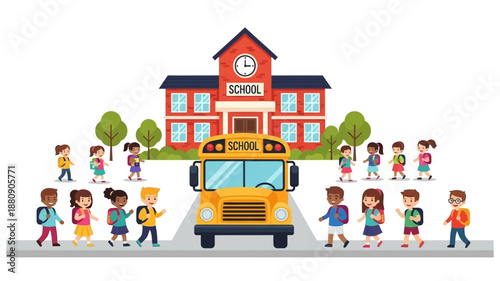 A vibrant school building with a yellow bus and happy children waiting