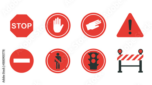 Collection of various red and white traffic and warning sign illustrations
