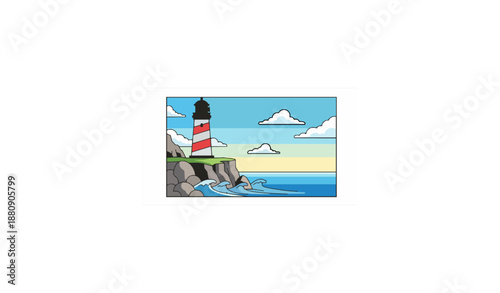 Cartoon lighthouse on coastal cliff vector illustration
