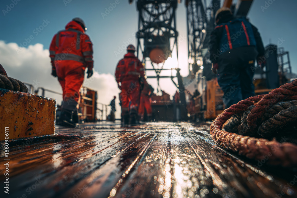 Obraz premium Crew in work clothes uses a crane to lift heavy containers filled with seabed minerals. The wet deck reflects sunlight as the sun sets in the background