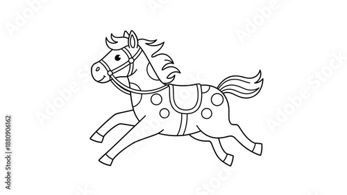 Simple and happy horse with a saddle running in a line art illustration style perfect for children coloring books or educational sheets.