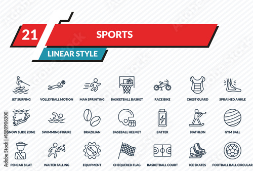 sports icons set - jet surfing, volleyball motion, man sprinting, ice skates, football ball circular outline vector collection.