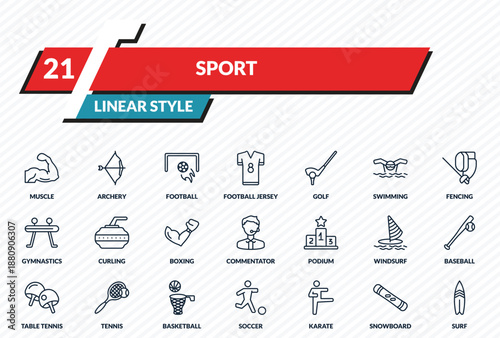sport icons set - muscle, archery, football, snowboard, surf outline vector collection.