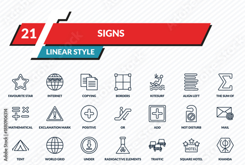 signs icons set - favourite star, internet, copying, square hotel, khanda outline vector collection.