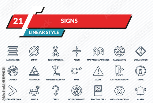 signs icons set - align center, empty, toxic material, gross dark cross, alarm outline vector collection.