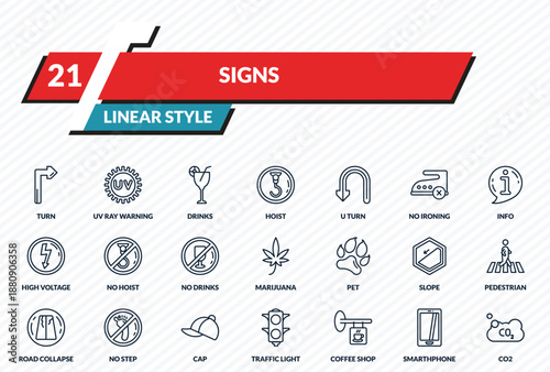 signs icons set - turn, uv ray warning, drinks, smarthphone, co2 outline vector collection.