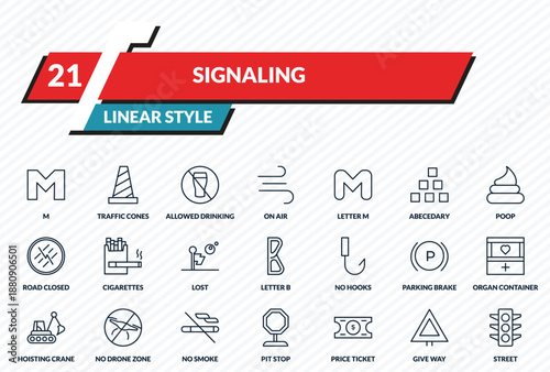 signaling icons set - m, traffic cones, allowed drinking, give way, street outline vector collection.