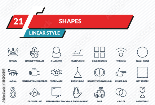 shapes icons set - royalty, handle with care, character, circles, breakeable outline vector collection.