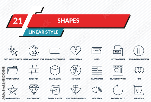 shapes icons set - two snow flakes, half moon and star, rounded rectangle, rotate circle, parabola outline vector collection.