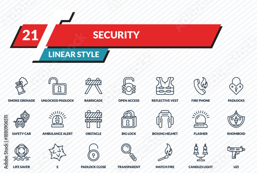 security icons set - smoke grenade, unlocked padlock, barricade, candles light, uzi outline vector collection.