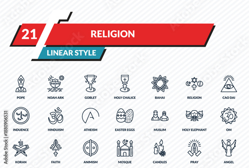 religion icons set - pope, noah ark, goblet, pray, angel outline vector collection.