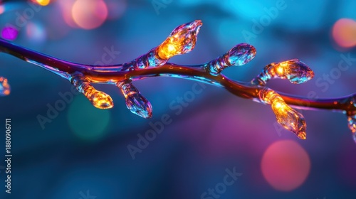 Close-up shot of a branch with glowing, colorful lights, creating a vibrant and artistic display, perfect for a festive or celebratory theme