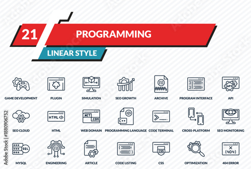 programming icons set - game development, plugin, simulation, optimization, 404 error outline vector collection.