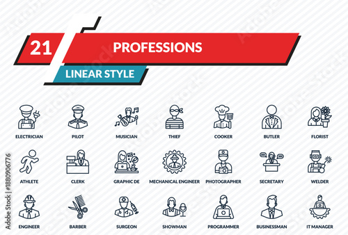 professions icons set - electrician, pilot, musician, businessman, it manager outline vector collection.
