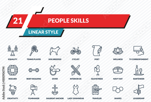 people skills icons set - equality, tennis player, dog breeder, shapes, leadership outline vector collection.