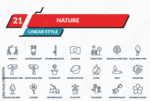 nature icons set - therapy, flower bouquet, bamboo branches, watering plant, japanese flower outline vector collection.