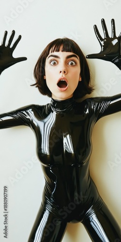Full-body shot of a female model, with  surprise expression, medium bob brunette hair, wearing shiny catsuit, bodysuit. Hands raised.