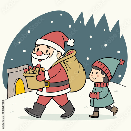 santa claus and a little girl walking in the snow with a sack of toys on a winter night